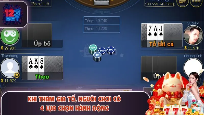 Cách Đánh Bài Tố 123Bet Chuẩn, Tự Tin Khi Đấu Với Cao Thủ 3 Khi tham gia tố, người chơi có 4 lựa chọn hành động